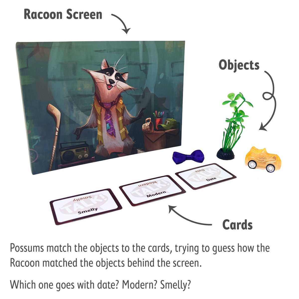 Trash Talk Party Game Example. Possums try to guess how the racoon matched the objects (bow tie, plant, and car) to the word cards (smelly, modern, and date).