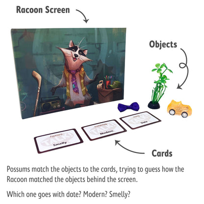Trash Talk Party Game Example. Possums try to guess how the racoon matched the objects (bow tie, plant, and car) to the word cards (smelly, modern, and date).