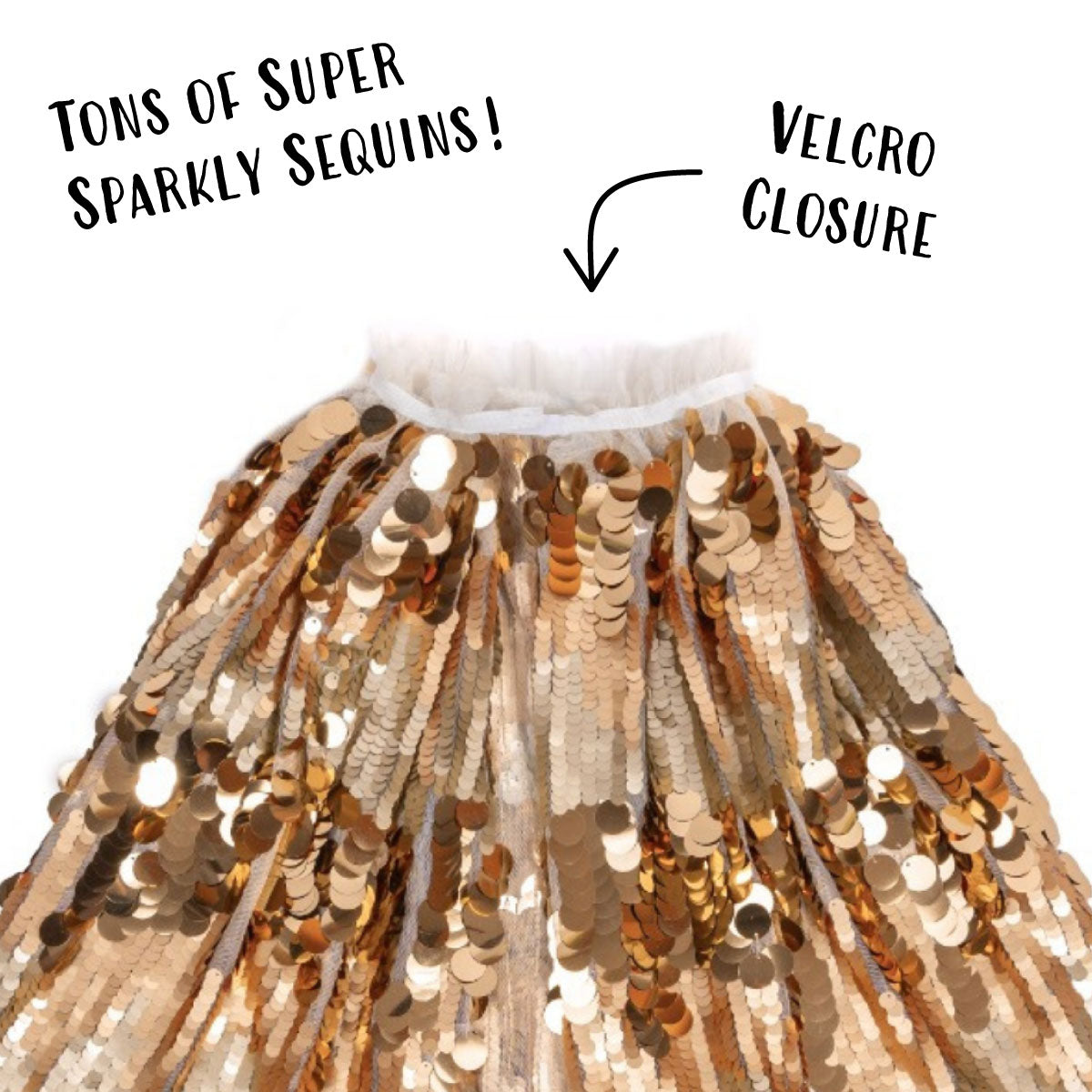 Great Pretenders 5th Avenue Paillette Cape in Gold features tons of super sparkly sequins and a velcro closure at the neck.