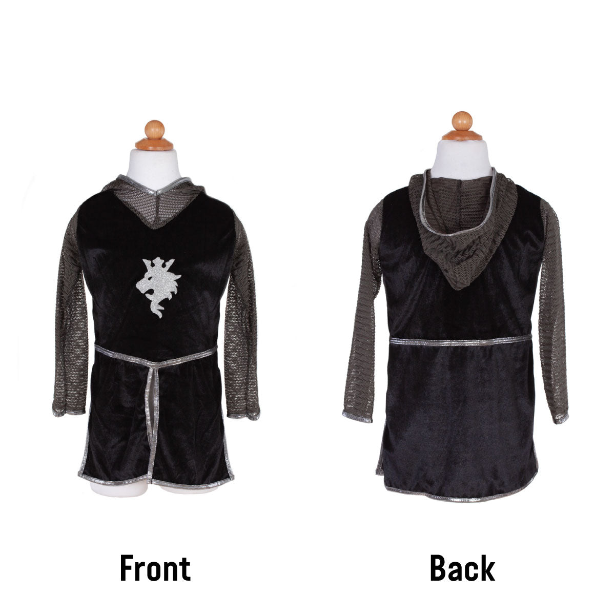 Great Pretenders Silver Knight Tunic, Cape, and Crown front and back views of tunic