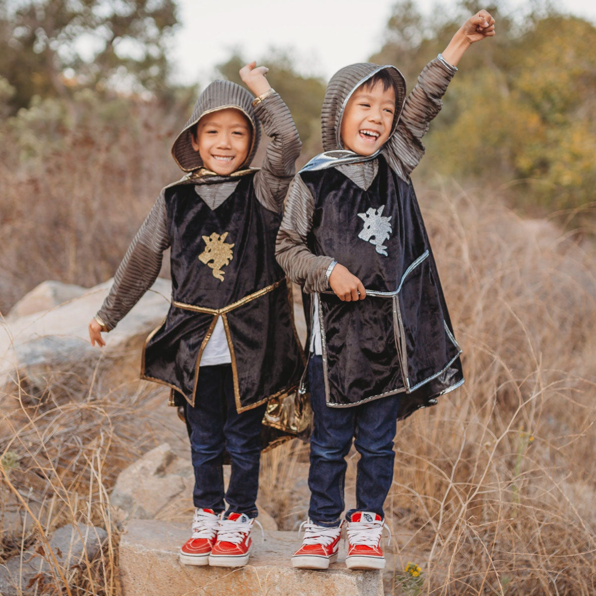 Kids wearing the Great Pretenders Silver Knight and Gold Knight sets.