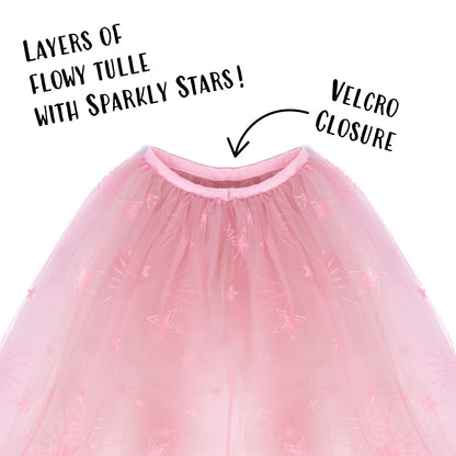 Great Pretenders A Star is Born Cape has layers of flowy pink tulle decorated with sparkly stars. And an easy to use velcro closure at the neck.