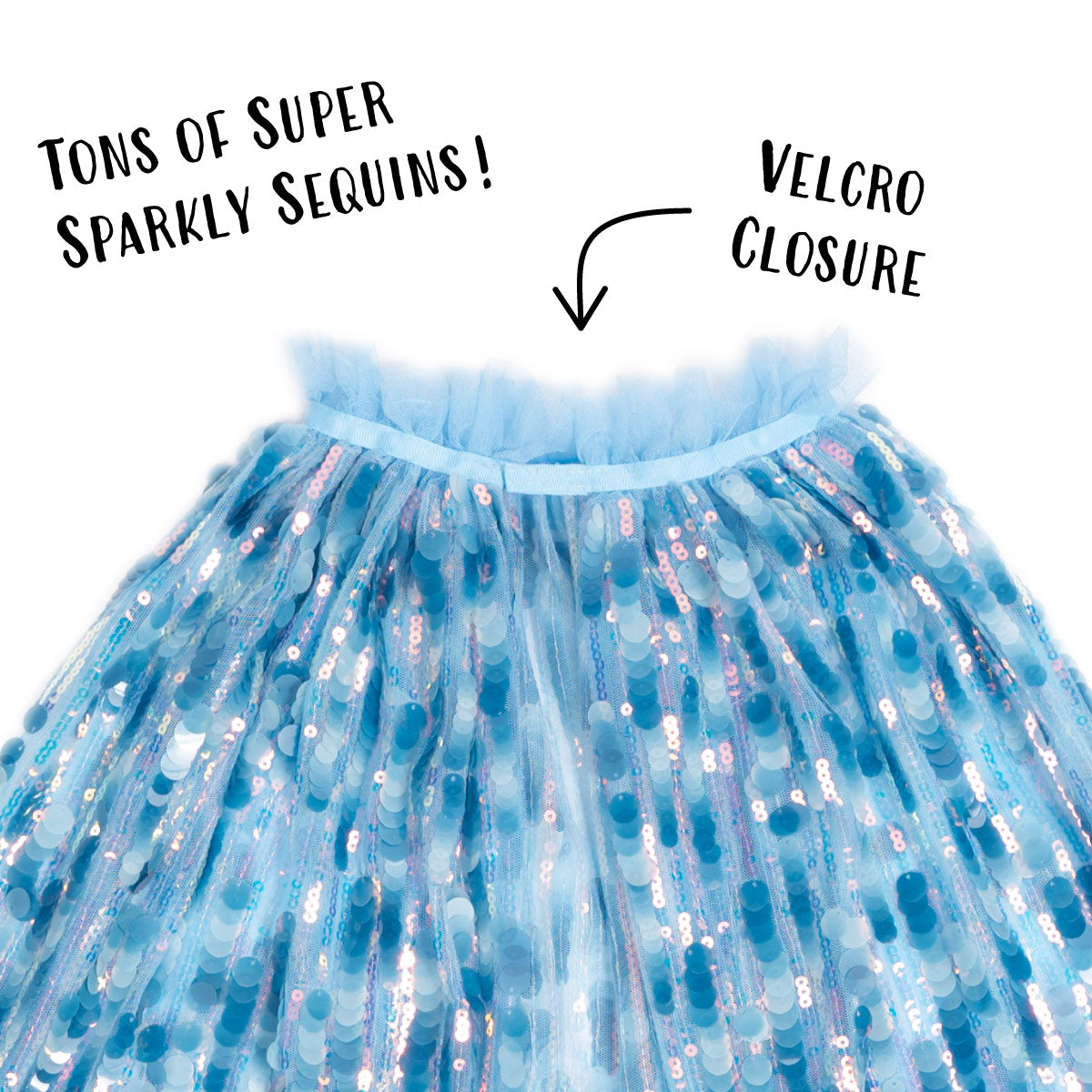 Great Pretenders Superstar Paillette Cape in Blue features tons of super sparkly sequins and a velcro closure at the neck.