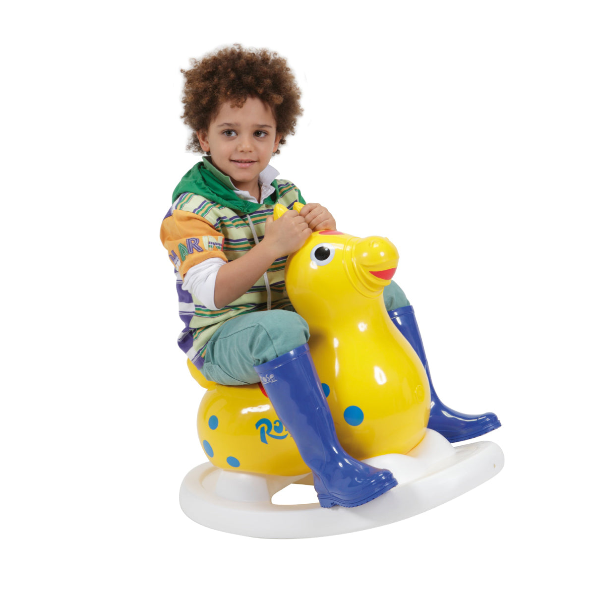 Child riding a Rody horse with the Gymnic Rody Rocking Base attached.