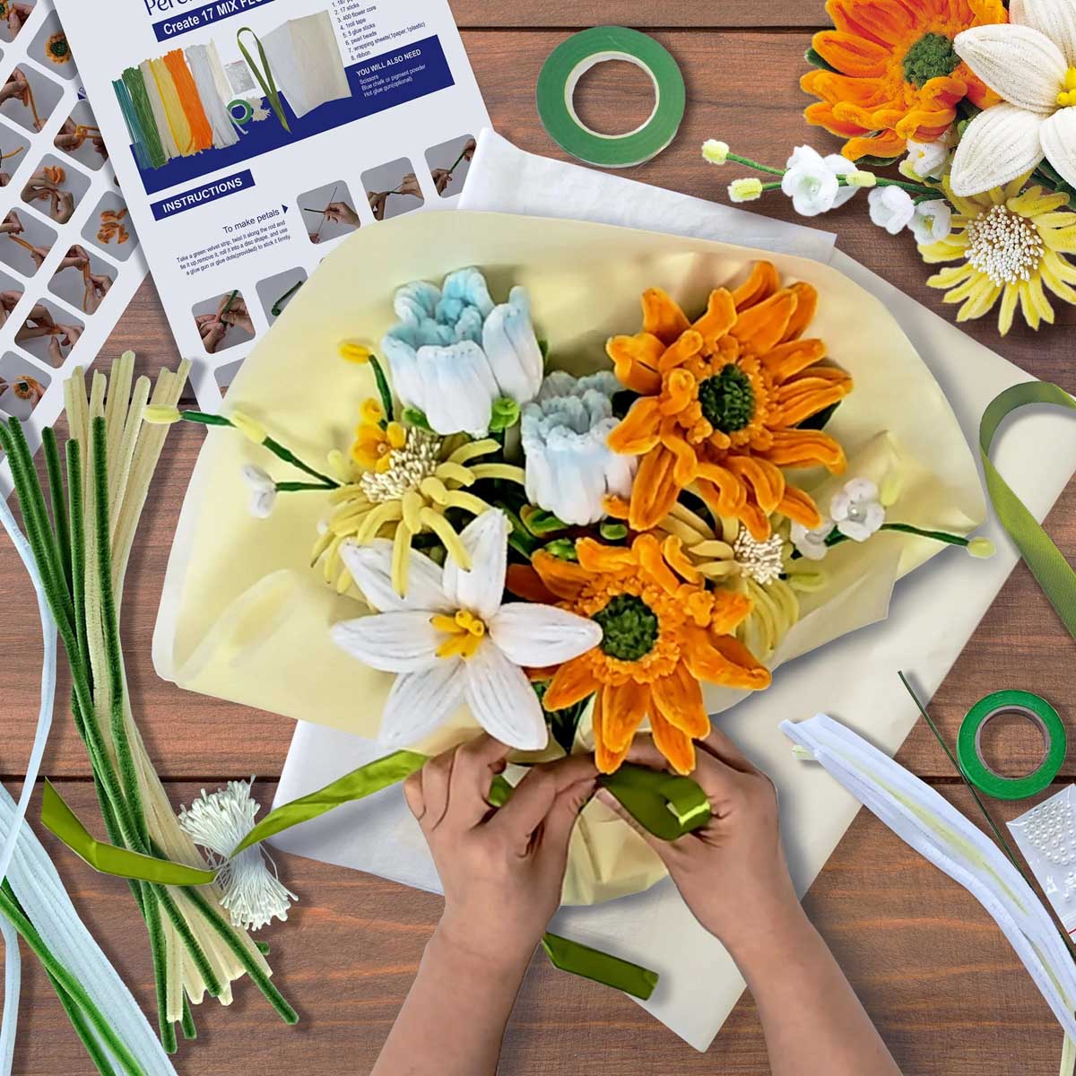 Hands Craft Orange Flower Bouquet Mix - Chenille Craft Kit