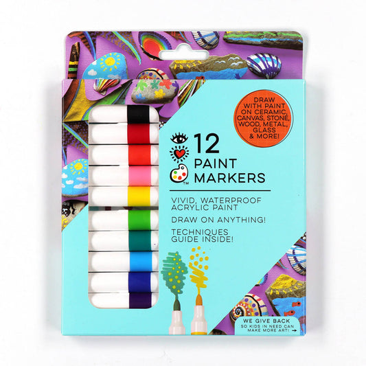 iHeartArt, 12 Acrylic Paint Markers from Bright Stripes. Draw with paint on ceramic, canvas, stone, wood, metal, glass, and more!