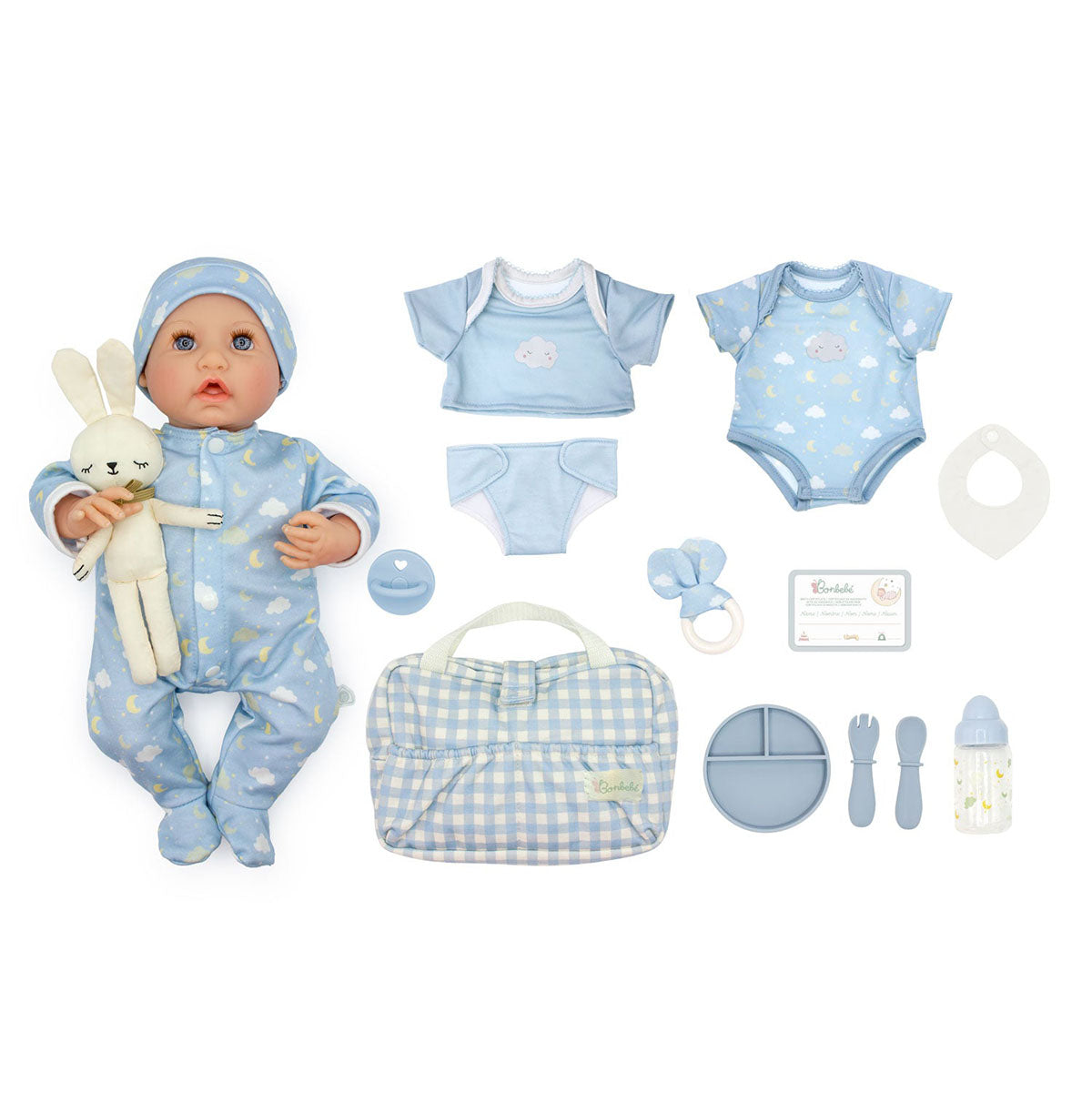JC Toys Bonbebe Feel My Heart Beat Caucasian Baby Doll 15.5” Deluxe 16 Piece Set - Blue