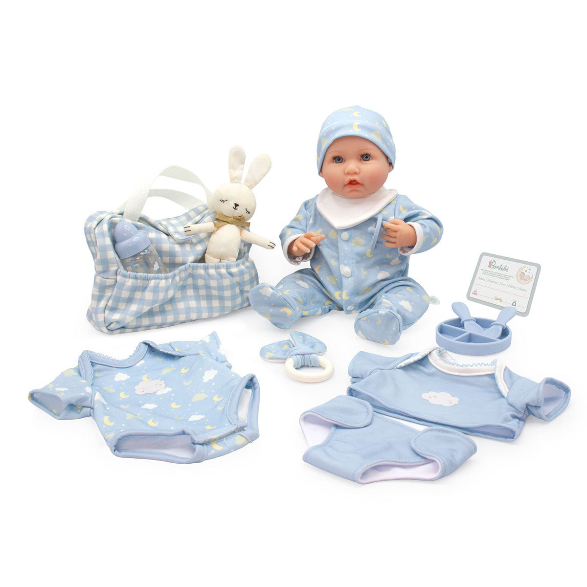 JC Toys Bonbebe Feel My Heart Beat Caucasian Baby Doll 15.5” Deluxe 16 Piece Set - Blue