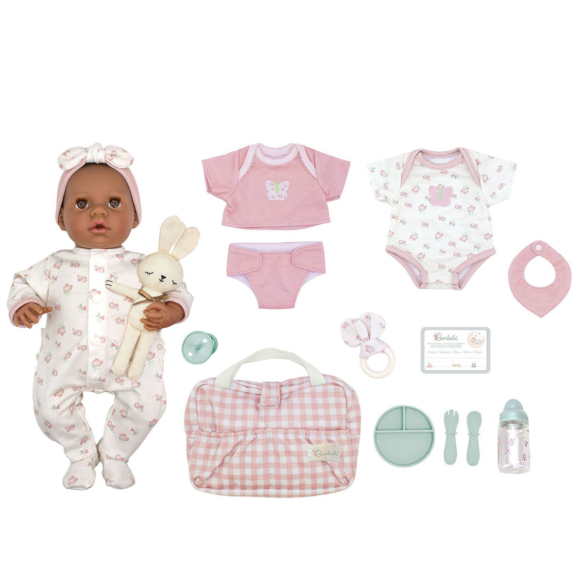 JC Toys Bonbebe Feel My Heart Beat African American Baby Doll 15.5” Deluxe 16 Piece Set - Pink