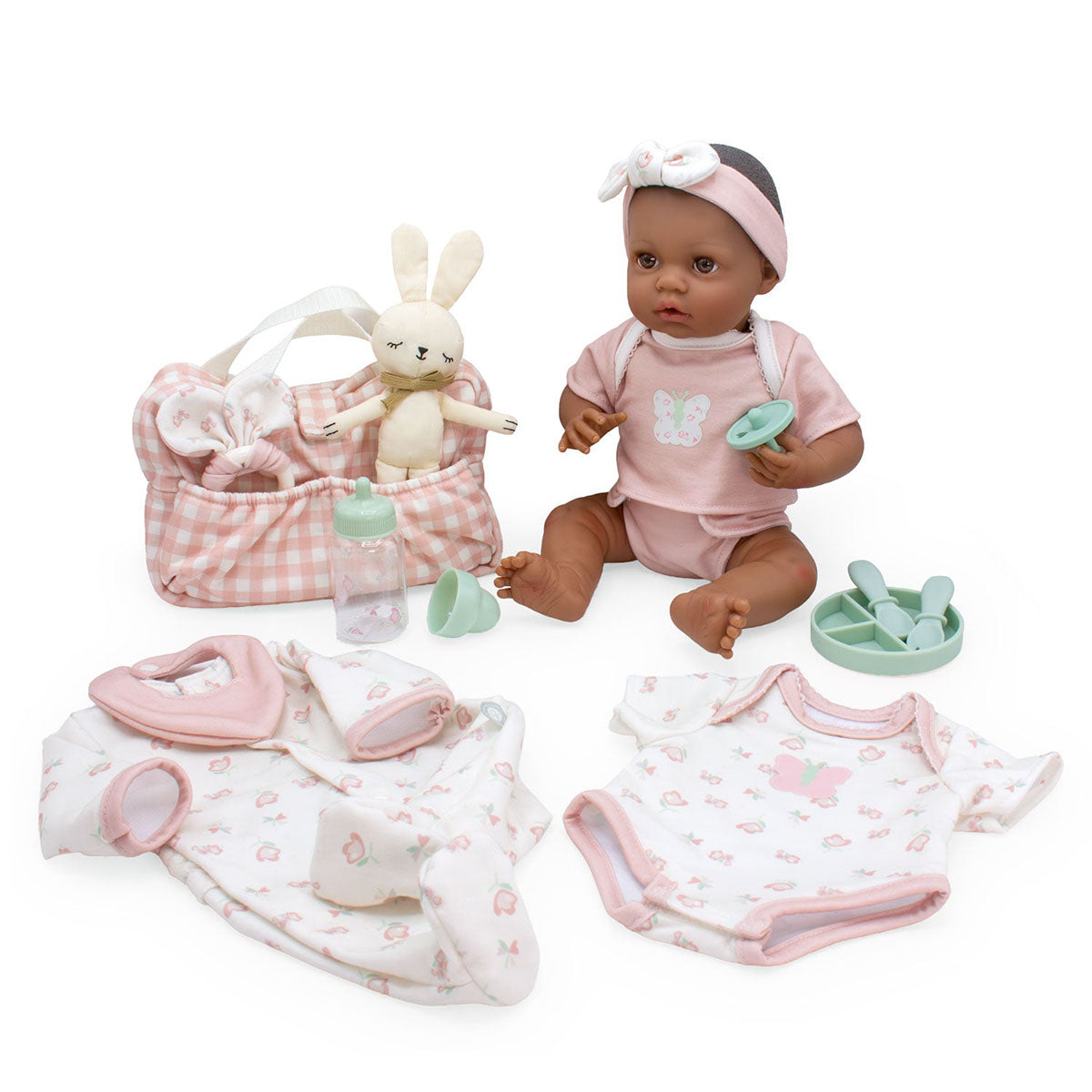 JC Toys Bonbebe Feel My Heart Beat African American Baby Doll 15.5” Deluxe 16 Piece Set - Pink