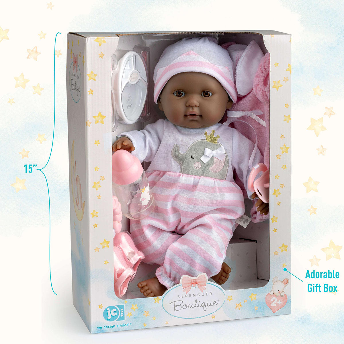 Berenguer Boutique Soft Body African American Baby Doll 15” Gift Set - Pink
