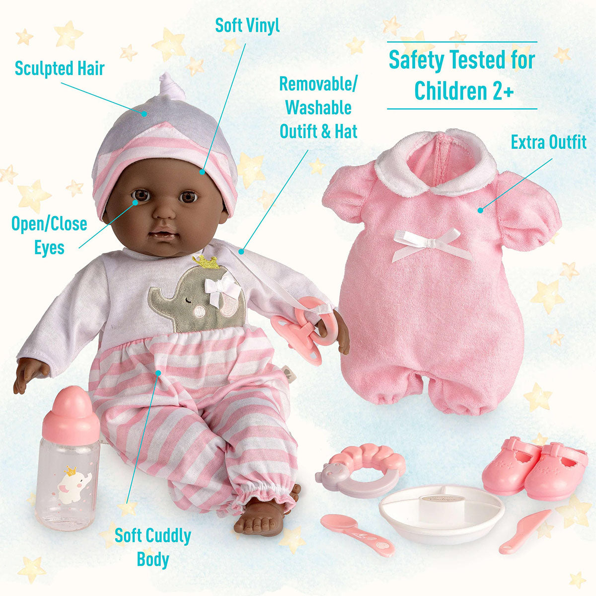 Berenguer Boutique Soft Body African American Baby Doll 15” Gift Set - Pink