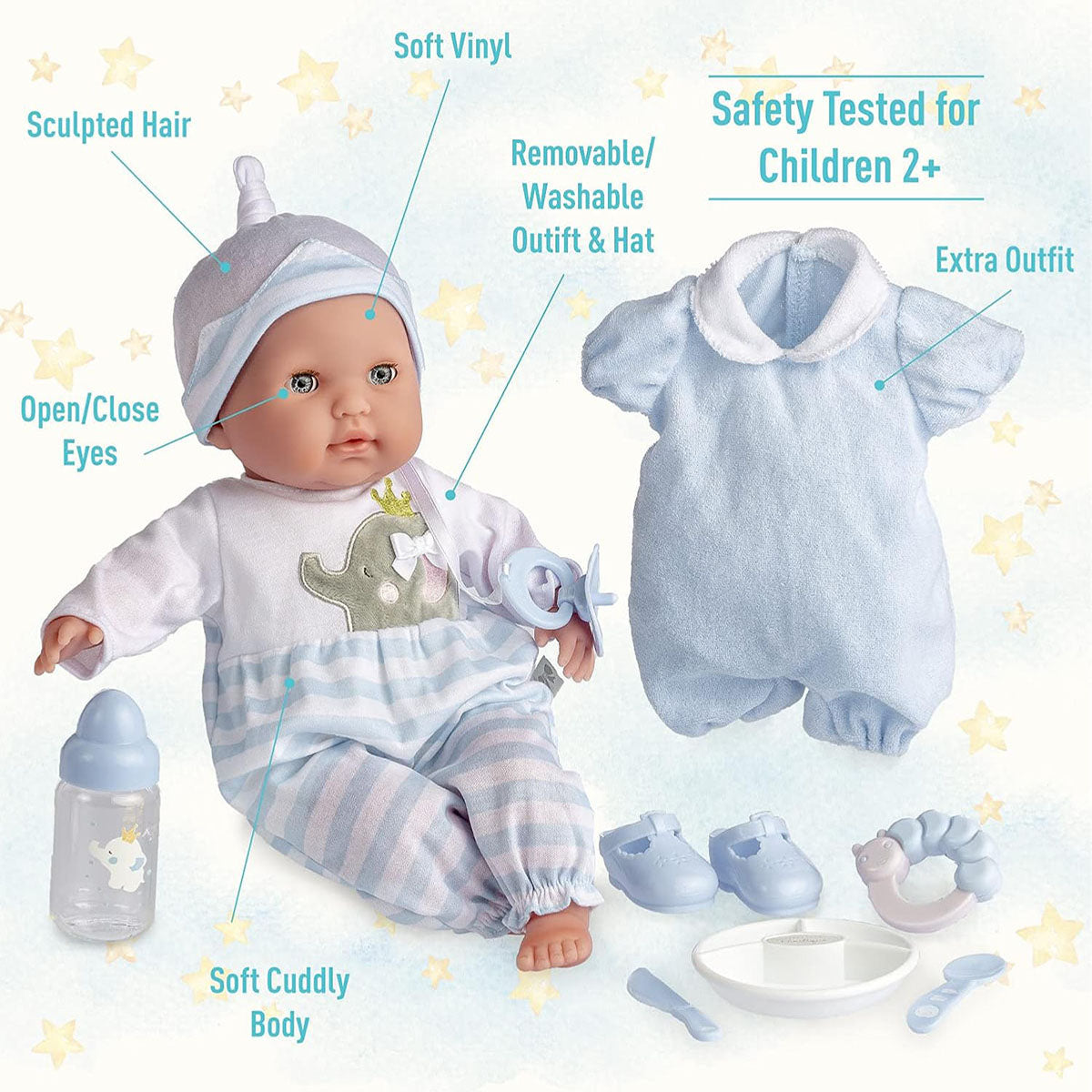 Berenguer Boutique Soft Body White Baby Doll 15” Gift Set - Blue