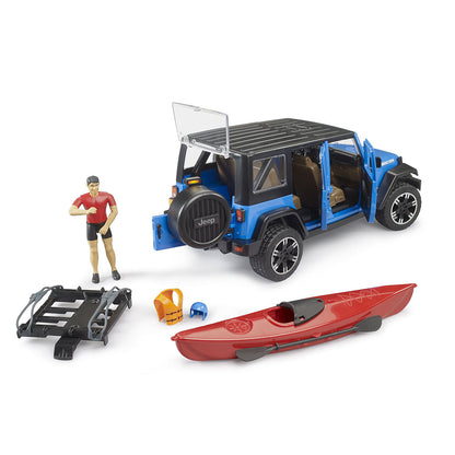 Jeep Wrangler Rubicon toy with kayak and kayaker next to the vehicle.