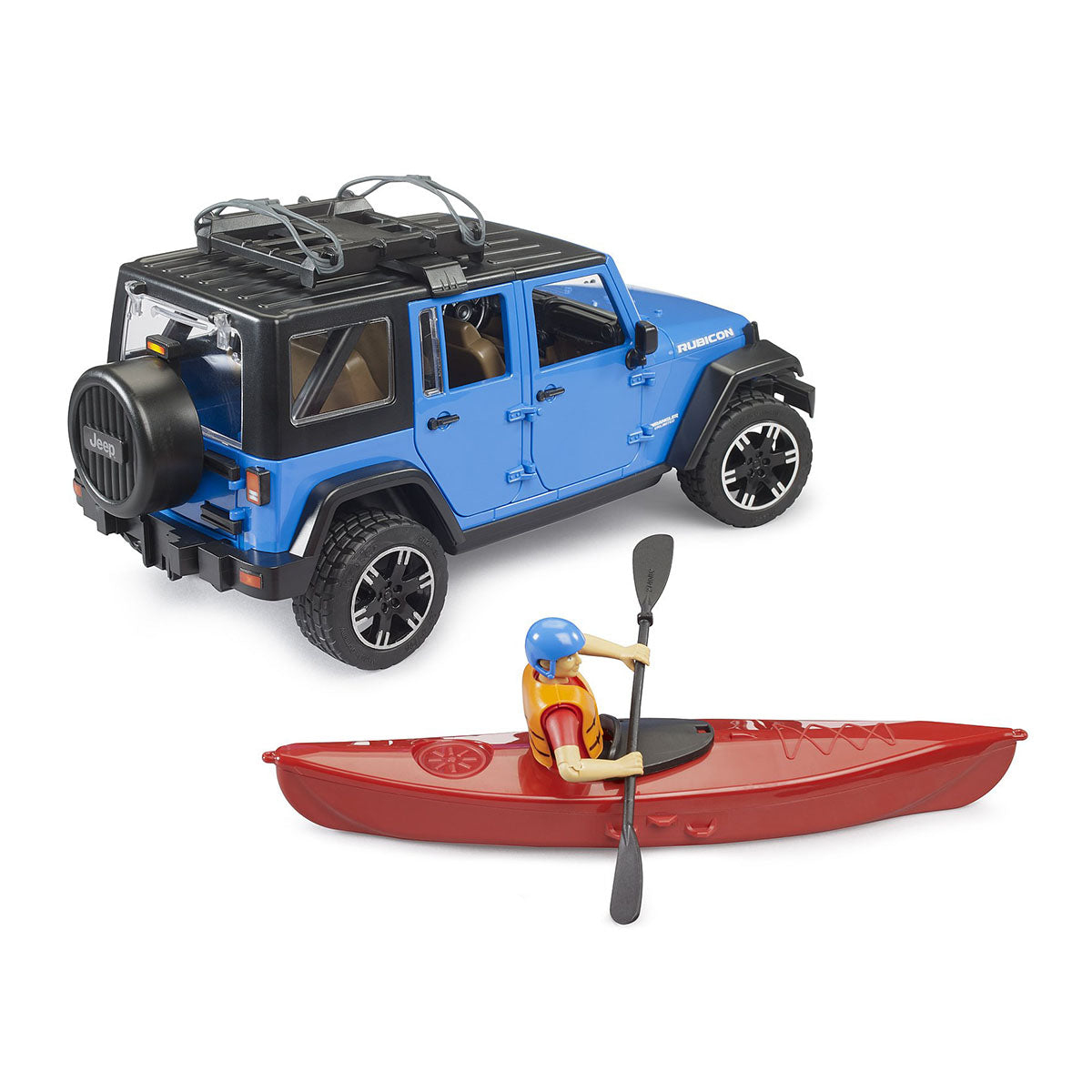 Jeep Wrangler Rubicon toy with kayak and kayaker next to the vehicle.