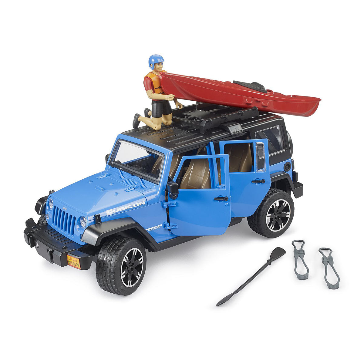 Jeep Wrangler Rubicon toy with  kayaker on the vehicle roof holding kayak..