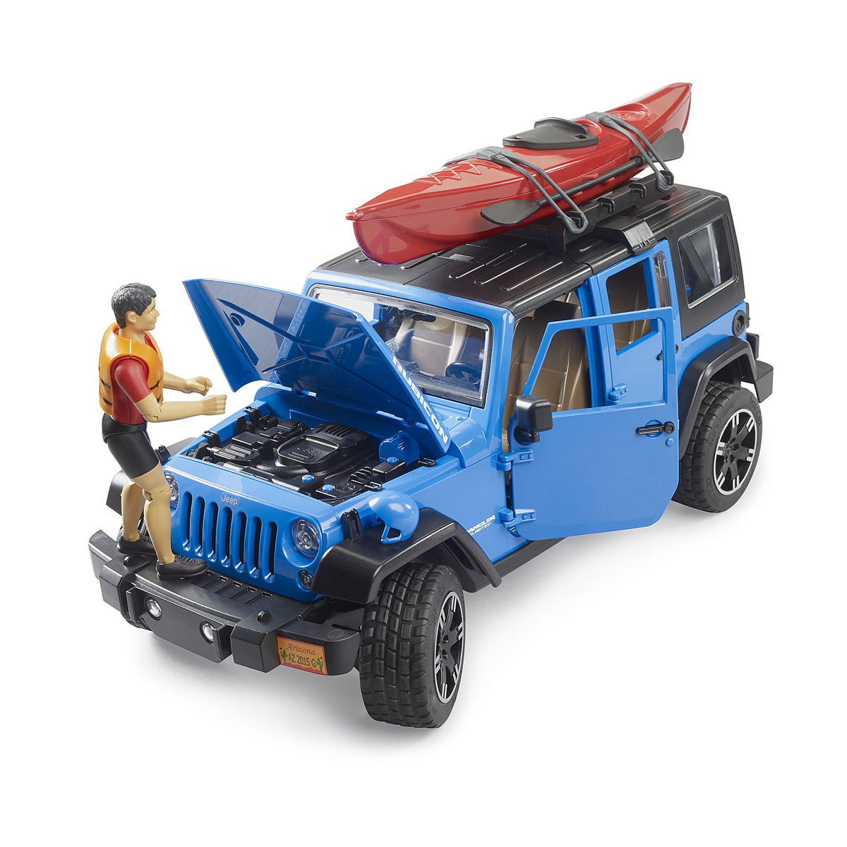 Jeep Wrangler Rubicon toy with kayaker on the bumper looking under the hood..