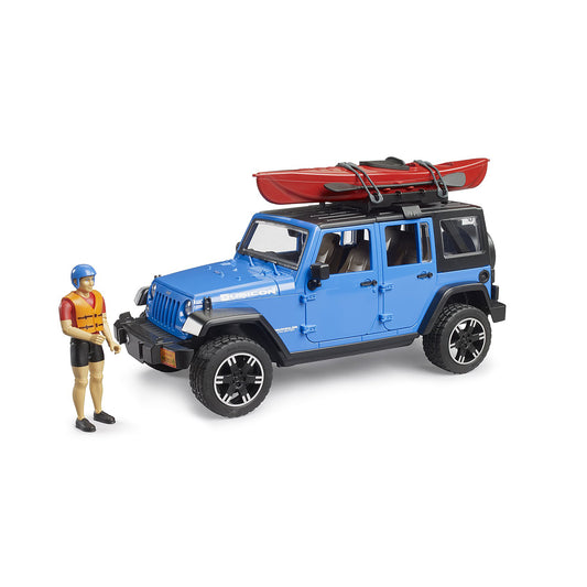 Jeep Wrangler Rubicon toy with kayak and kayaker by Bruder.
