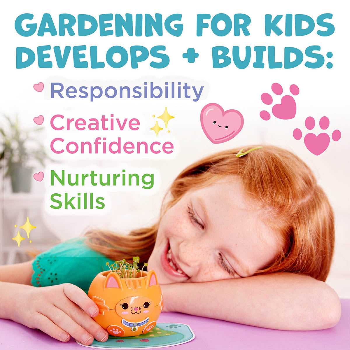 Young girl having fun with Plant-a-Pet Kitty chia garden kit by Creativity for Kids.