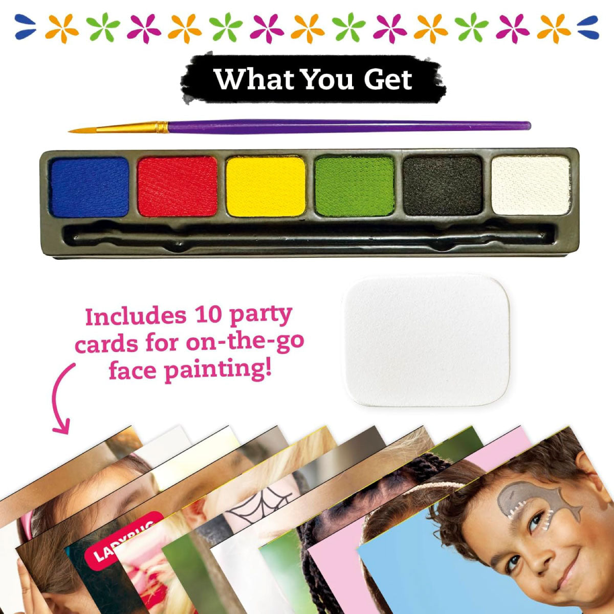 Klutz Face Painting includes 6 face paint colors, brush, and party cards for on the go face painting.