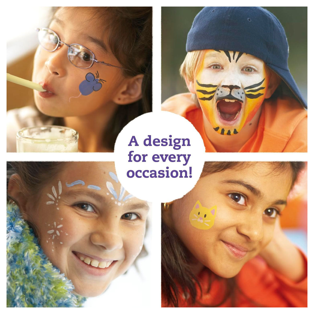 Klutz Face Painting Collage of children with various face paint designs for every occasion!