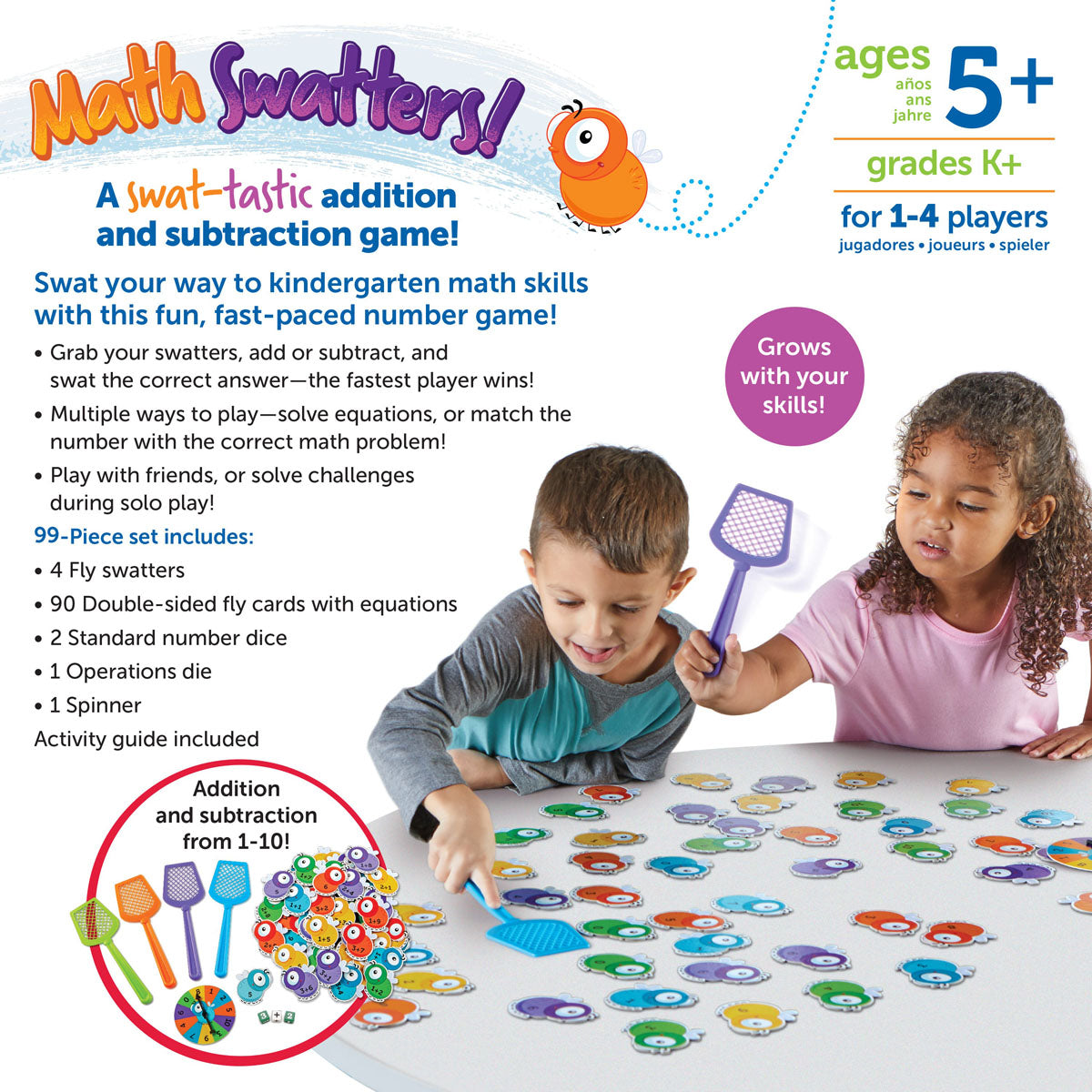 Learning Resources Mathswatters Addition & Subtraction Game is for one to four players, five years and up. Recommended for kindergarteners!