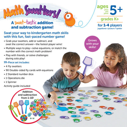Learning Resources Mathswatters Addition & Subtraction Game is for one to four players, five years and up. Recommended for kindergarteners!