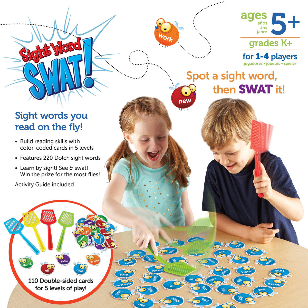 Learning Resources Sight Word Swat! Game contains 110 Double-sided fly shaped cards and four swatters.