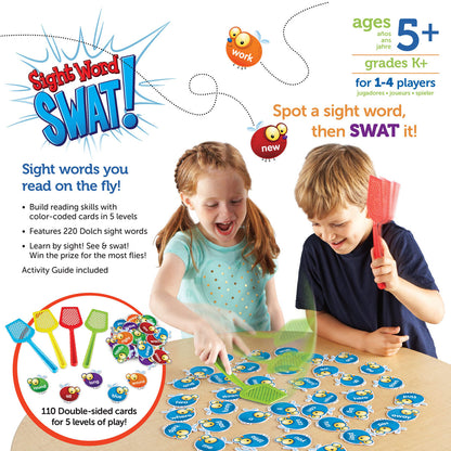 Learning Resources Sight Word Swat! Game contains 110 Double-sided fly shaped cards and four swatters.