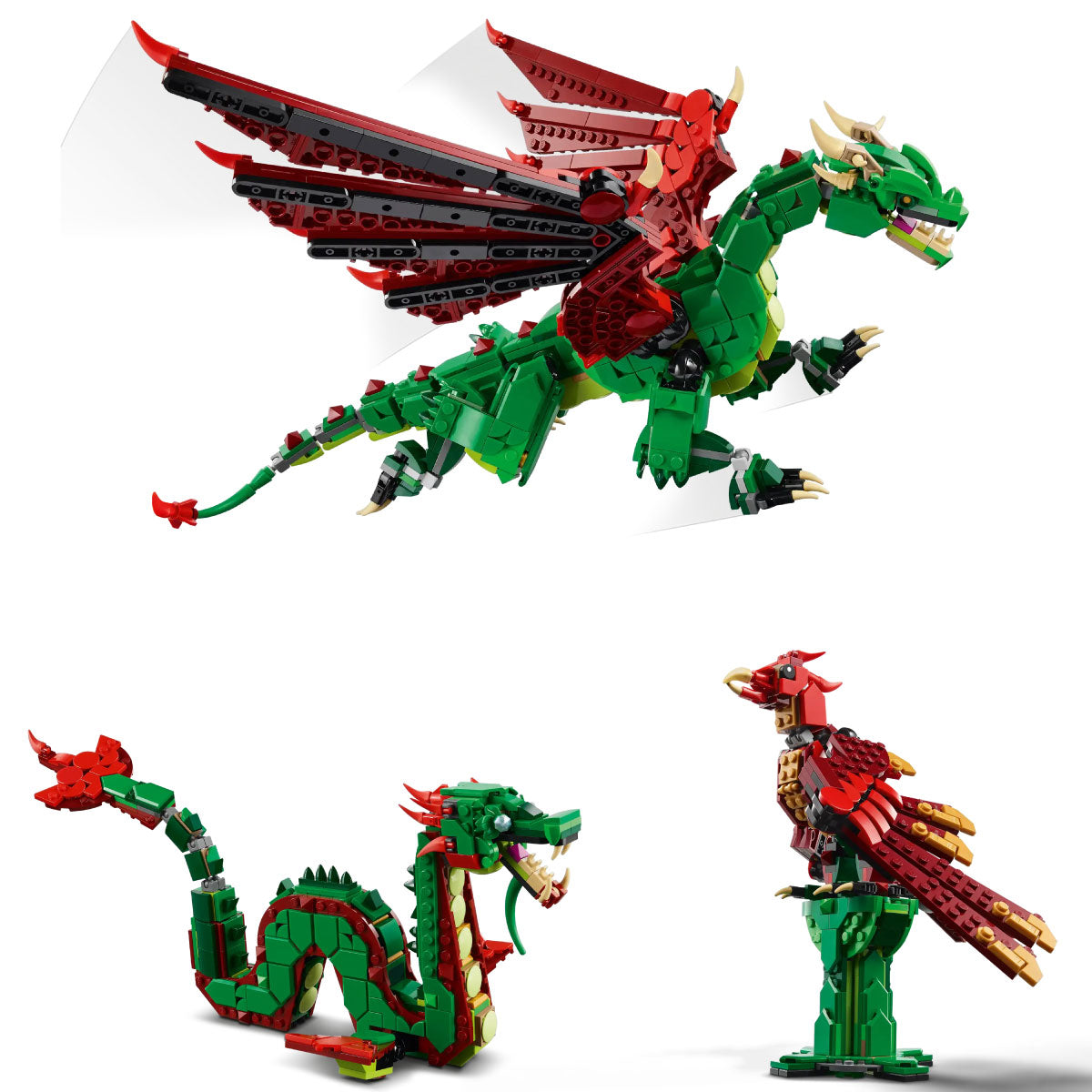 LEGO Creator 3 in 1 Medieval Dragon, Phoenix, and Sea Monster models built.
