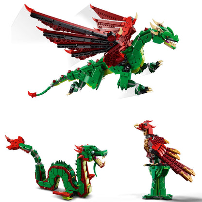LEGO Creator 3 in 1 Medieval Dragon, Phoenix, and Sea Monster models built.