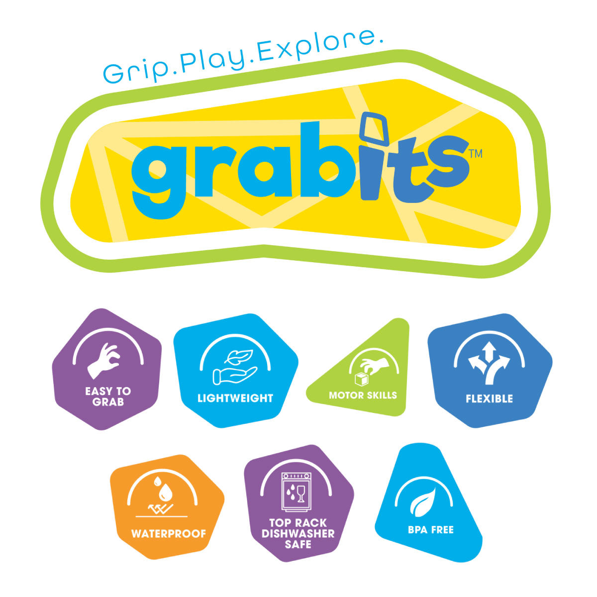 Grabits  baby toys are easy to grab, lightweight, encourage motor skill development, are flexible, waterproof, top-rack dishwasher safe, and BPA free!