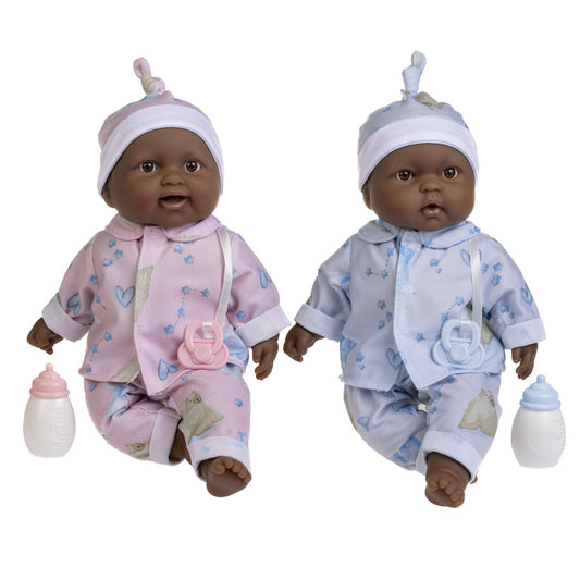 Lots to Cuddle Babies 13" twins soft body baby dolls with brown-black skin. One wearing pink pajamas, the other in blue.