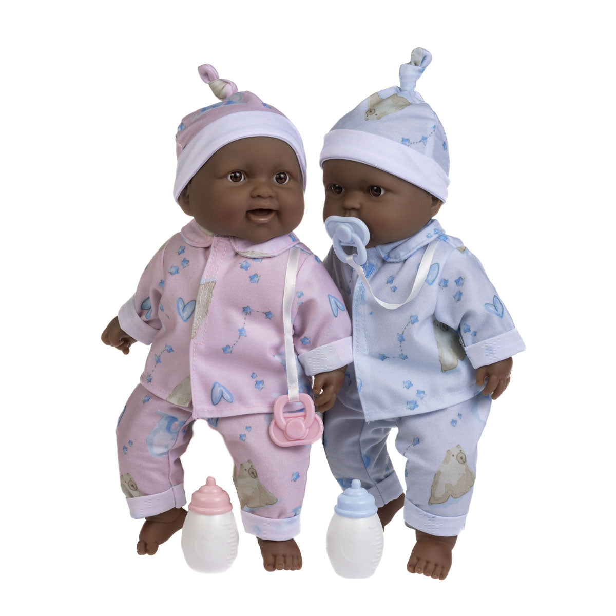 Lots to Cuddle Babies 13" twins soft body baby dolls with brown-black skin. One wearing pink pajamas, the other in blue.