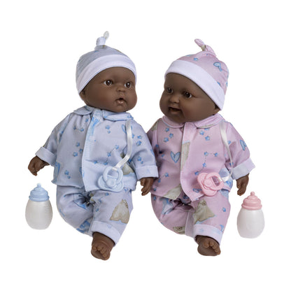 Lots to Cuddle Babies 13" twins soft body baby dolls with brown-black skin. One wearing pink pajamas, the other in blue.