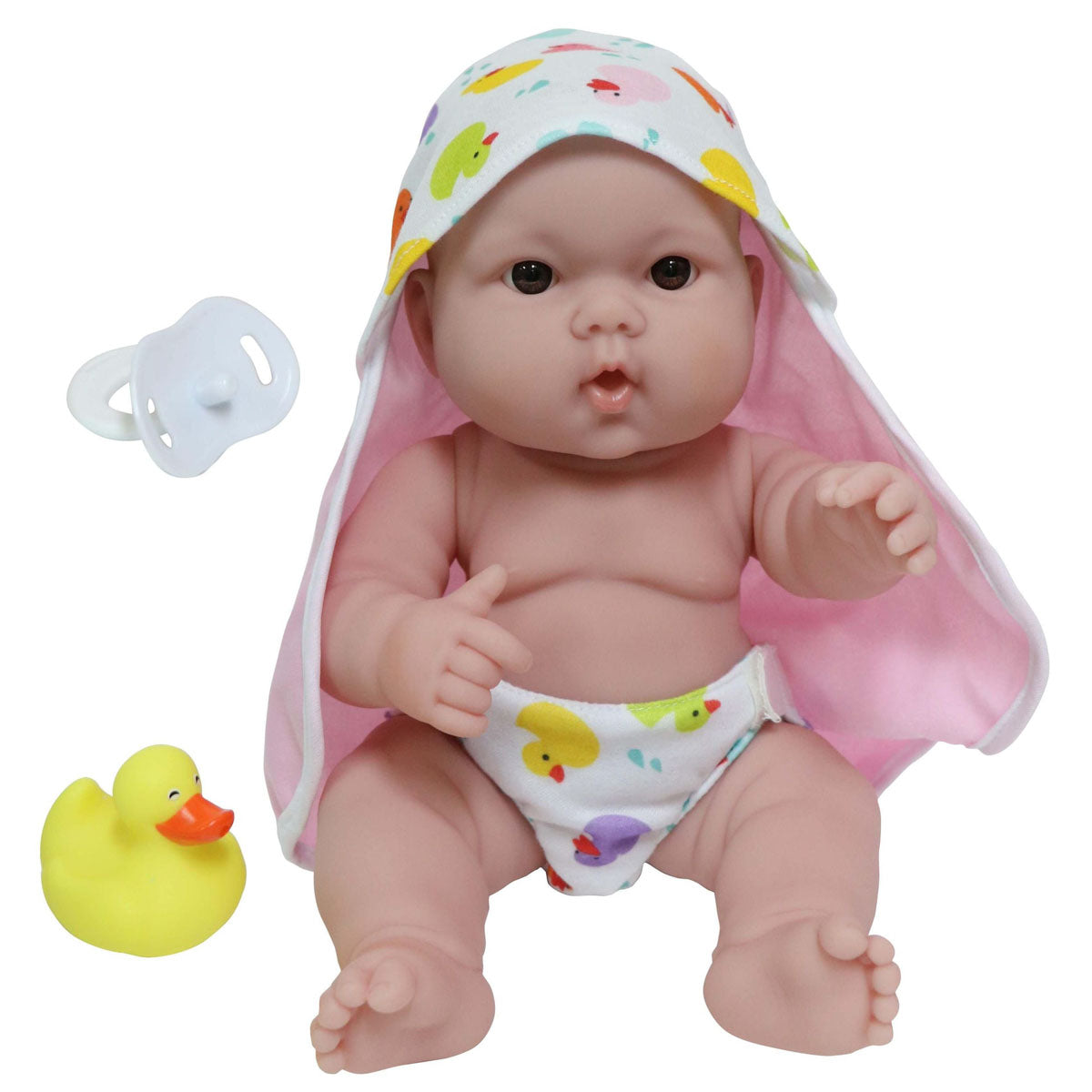 Lots to Love Babies play set with 14 inch white baby doll and bath accessories: hooded towel, pacifier, rubber duck, and reusable diaper. 