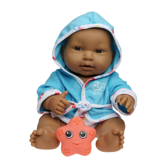 Lots to Love Babies play set 14 inch light brown skin baby doll with bath accessories, hooded towel, pacifier, star fish toy, and reusable diaper. By JC Toys.