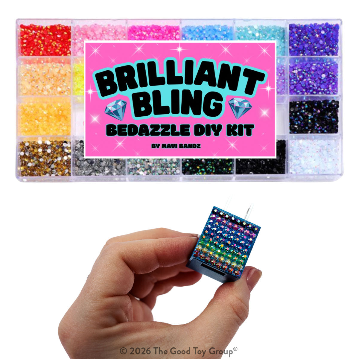 Brilliant Bling Bedazzle DIY Kit by Mavi Bandz, featuring a clear plastic tray filled with colorful gems above, and a hand holding a decorated USB charger below on a white background.