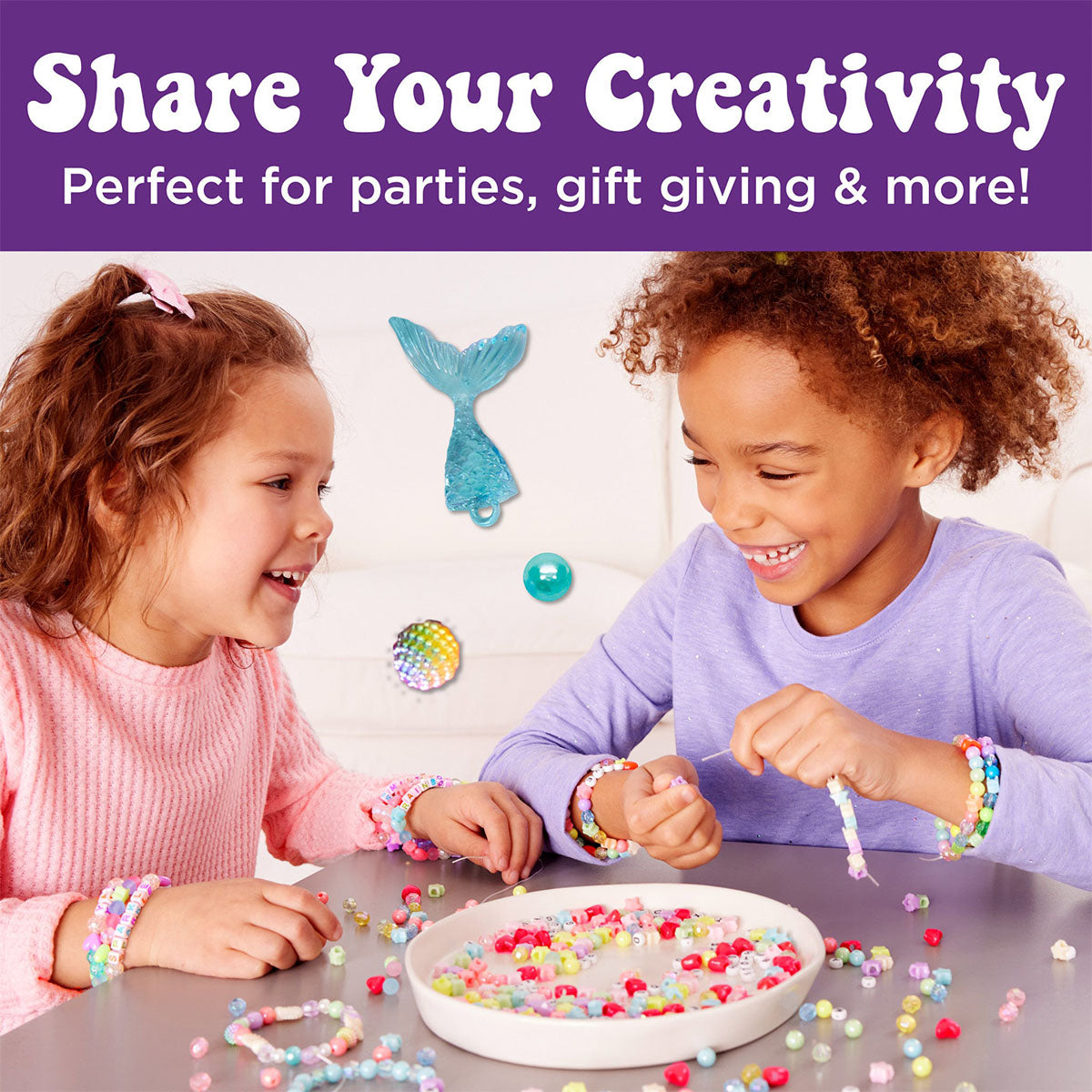 Girls making jewelry with Bead Jewelry Jar by Creativity for Kids.