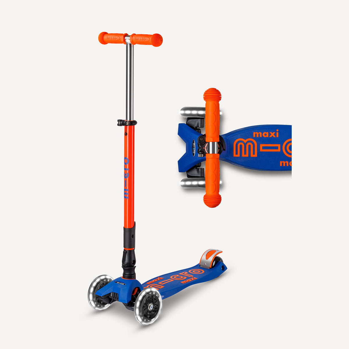 Maxi Deluxe Foldable Scooter LED Wheels - Neon Orange Blaze and Navy Blue