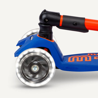 Maxi Deluxe Foldable Scooter LED Wheels - Neon Orange Blaze and Navy Blue