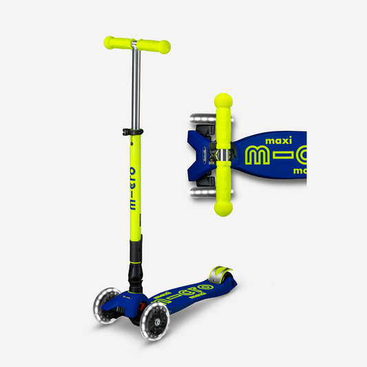 Maxi Deluxe Foldable Scooter LED Wheels - Neon Canary Yellow and Blue