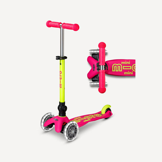 Mini Deluxe Foldable Scooter LED Wheels - Neon Flamingo Pink and Yellow