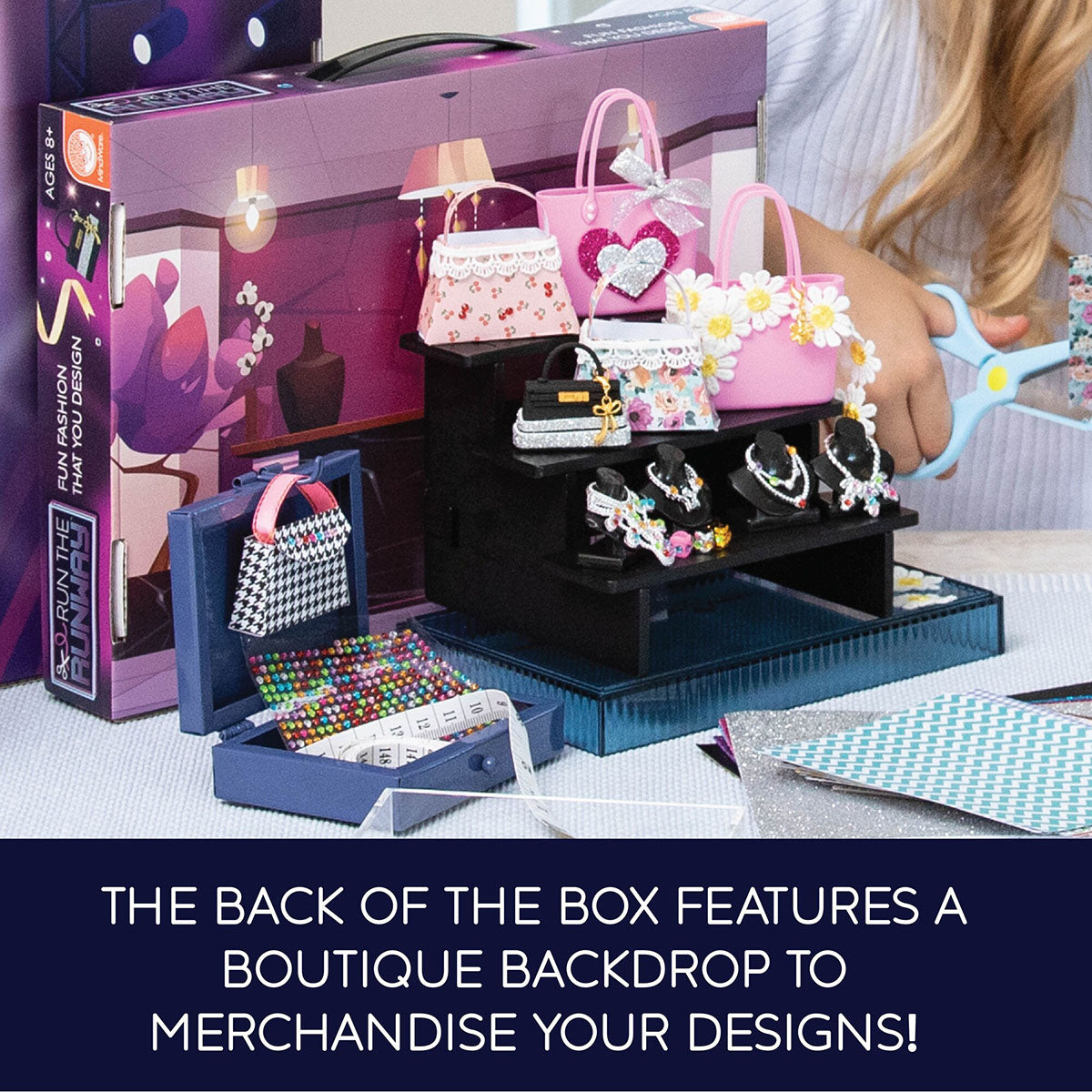 Mindware Run the Runway Fashion Accessories Design Kit - The back of the box features a boutique backdrop to merchandise your designs!