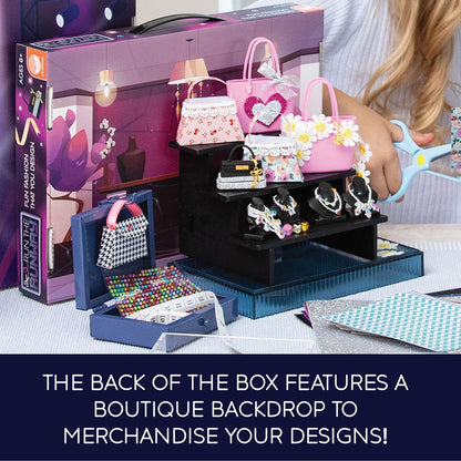 Mindware Run the Runway Fashion Accessories Design Kit - The back of the box features a boutique backdrop to merchandise your designs!
