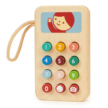 Wooden toy mobile phone with colorful soft buttons for toddlers from Mentari. 