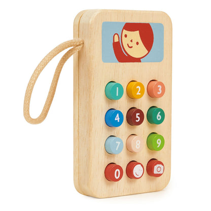 Wooden toy mobile phone with colorful soft buttons for toddlers from Mentari. 