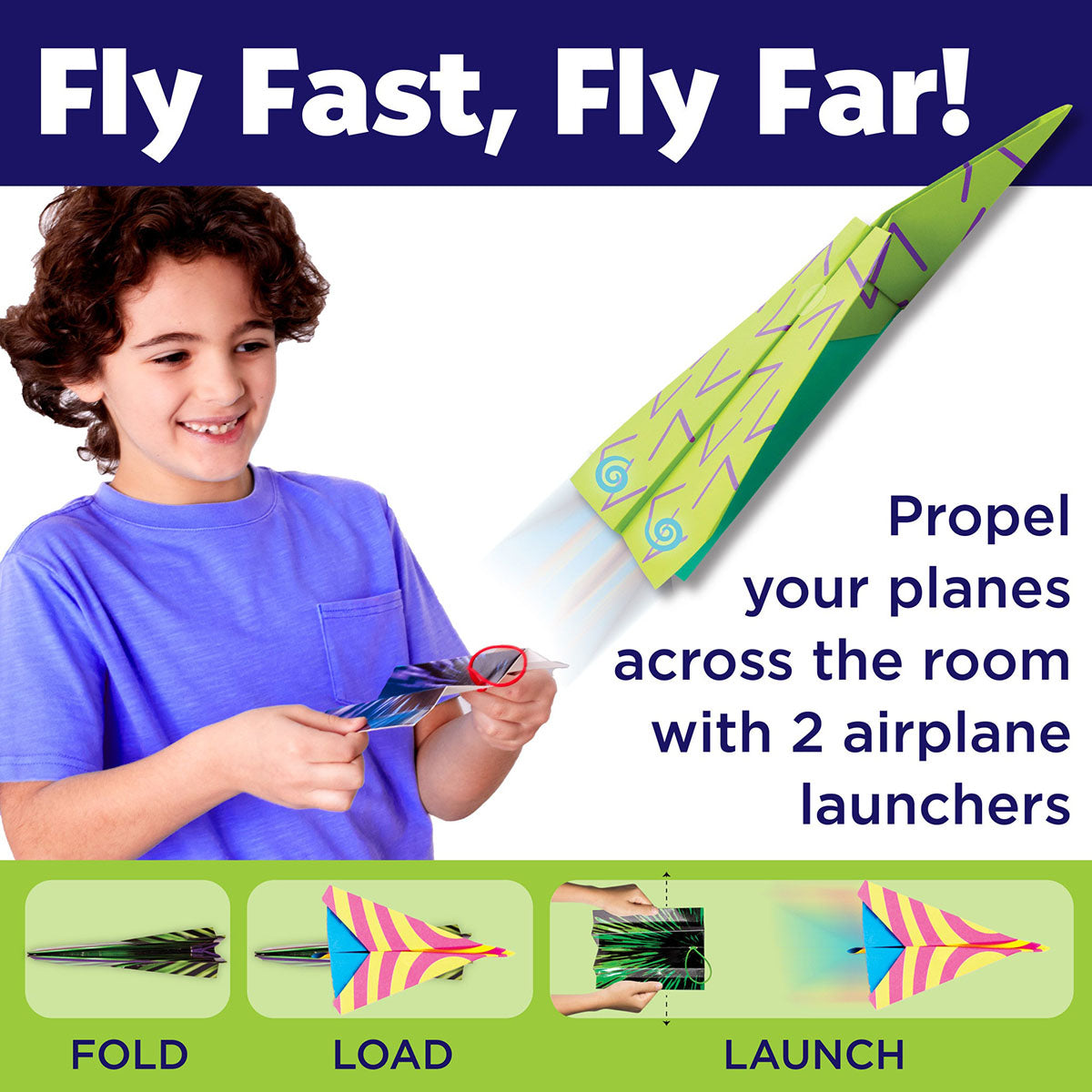 Propel your planes across the room with two airplane launchers by Stunt Squadron Neon Glow Paper Airplanes