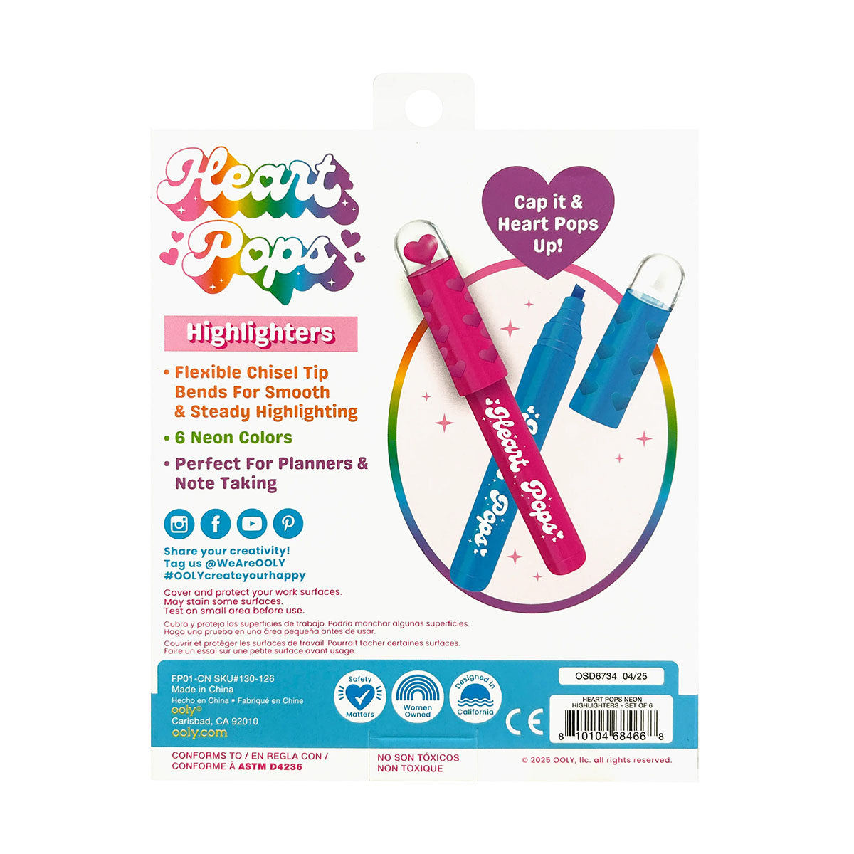 Heart Pops Neon Highlighters - Set of 6