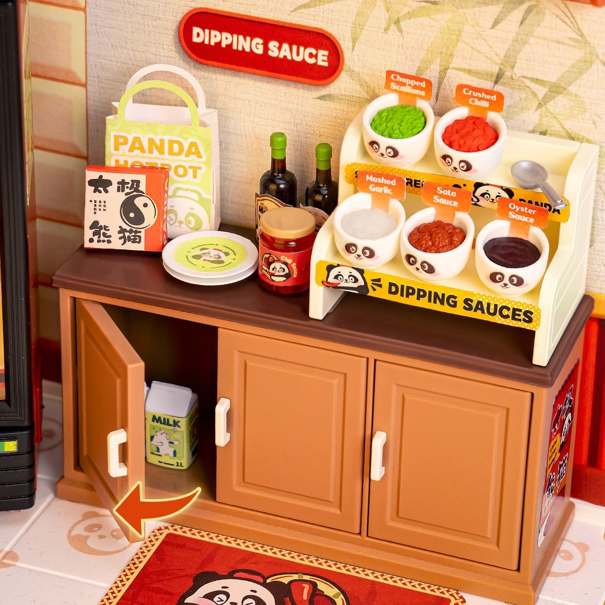 Inside view of dipping sauce serving area - DIY Miniature House Kit - Panda Hot Pot - Rolife Super Creator - Hands Craft